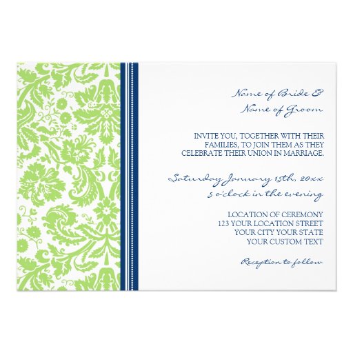 Wedding Invitations Lime Blue Damask Pattern
