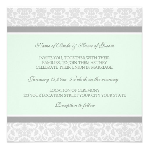 Wedding Invitations Mint Gray White Damask