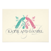 Wedding Invitations Peacocks Monogram Pink Blue