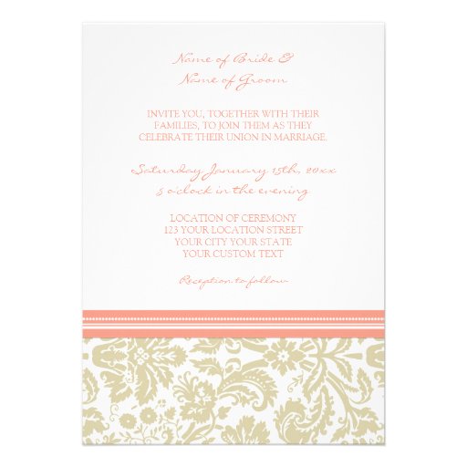 Wedding Invitations Taupe Coral Damask Pattern