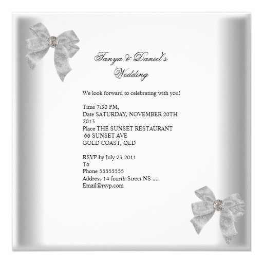 Wedding Invite White Silver Overlay Bow Jewel
