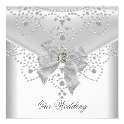Wedding Invite White Silver Overlay Bow Jewel Announcements