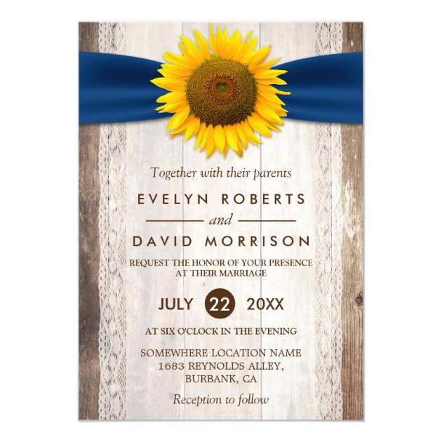 Wedding Lace Rustic Barn Wood Sunflower Ribbon 5x7 Paper Invitation Card (front side)