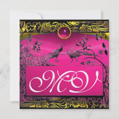 WEDDING LOVE BIRDS MONOGRAM black yellow pink ruby Custom Invitation by 