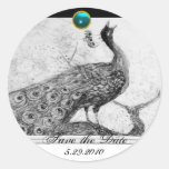 WEDDING LOVE PEACOCK white black blue aquamarine Round Stickers