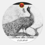 WEDDING LOVE PEACOCK white black red ruby Round Sticker