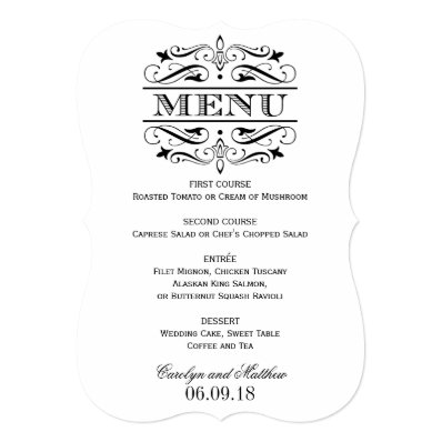 Wedding Menu Card | Black Elegant Flourish Invitations