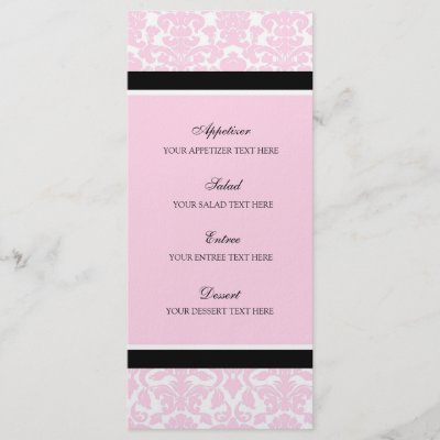 Wedding Menu Pink Black Damask Rack Card Design
