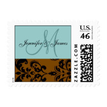 Wedding Monogram Blue Brown Damask Postage
