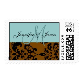 Wedding Monogram Blue & Brown Damask US Postage stamp