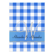 Wedding monogram blue gingham checkers custom invite