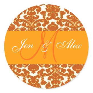Wedding Monogram Bride Groom Orange Damask Sticker sticker