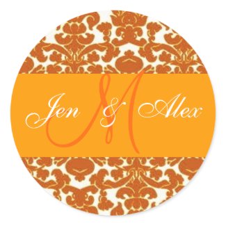 Wedding Monogram Bride Groom Orange Damask Sticker sticker