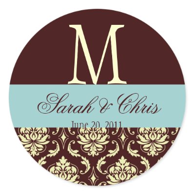 Wedding Monogram Damask Brown Blue Ivory Seal Sticker by monogramgallery