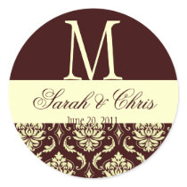 Wedding Monogram Damask Brown Ivory Seal Round Sticker