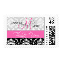 Wedding Monogram Damask Hot Pink Thank You Stamps