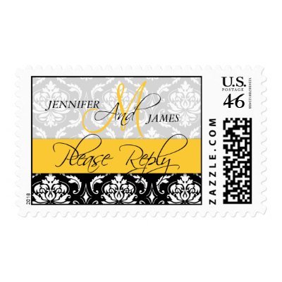 Wedding Monogram Damask Yellow RSVP Stamps