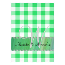 Wedding monogram green gingham checkers invitation