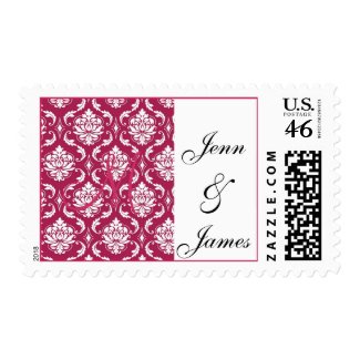 Wedding Monogram Hot Pink Damask US Postage stamp