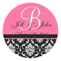 Wedding Monogram Initial Names Pink Damask Seal Round Stickers