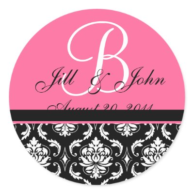 Wedding Monogram Initial Names Pink Damask Seal Round Stickers
