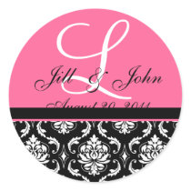 Wedding Monogram Initial Names Pink Damask Seal Round Sticker