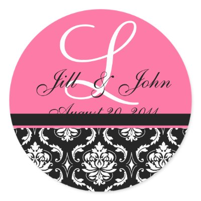 Wedding Monogram Initial Names Pink Damask Seal Round Sticker