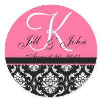 Wedding Monogram Initial Names Pink Damask Seal Stickers