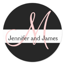Wedding Monogram Initial Names Pink White Black Round Sticker