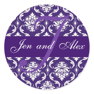 Wedding Monogram J Purple Damask Favor Sticker
