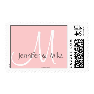 Wedding Monogram M Bride Groom Pink Grey Stamp by monogramgallery