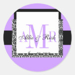Wedding Monogram Names Black Damask Purple Stickers