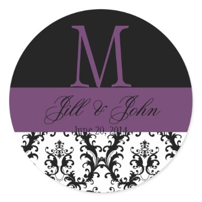 Wedding Monogram Names Date Damask Black Purple Stickers