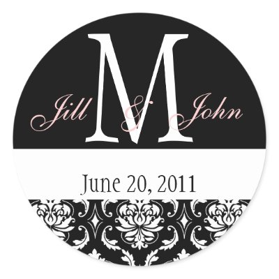 Wedding Monogram Names Date Damask Black White Stickers