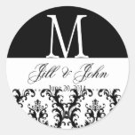 Wedding Monogram Names Date Damask Black White Round Stickers