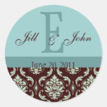 Wedding Monogram Names Date Damask Brown Blue Stickers