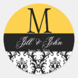 Wedding Monogram Names Date Damask Yellow Seal Round Stickers