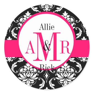 Wedding Monogram Names Hot Pink Damask Seal Stickers