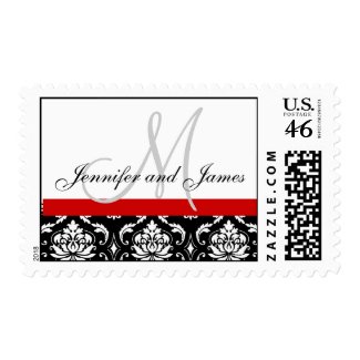 Wedding Monogram & Names Red Damask Postage stamp