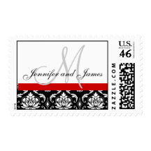 Wedding Monogram Names Red Damask Postage