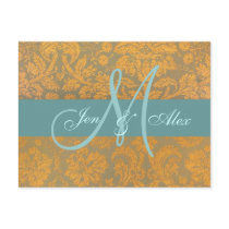 Wedding Monogram Paisley Damask Blue Invitation postcards