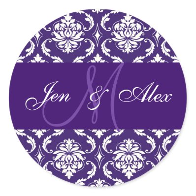 Wedding Monogram Purple Damask Sticker