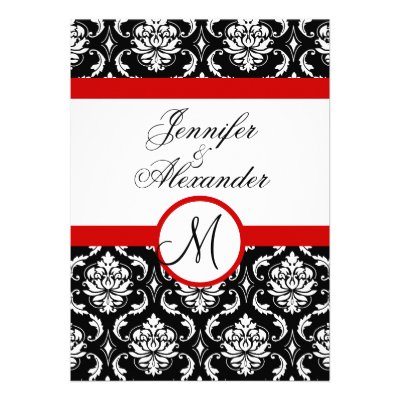 Wedding Monogram Red Damask Invitation Front View