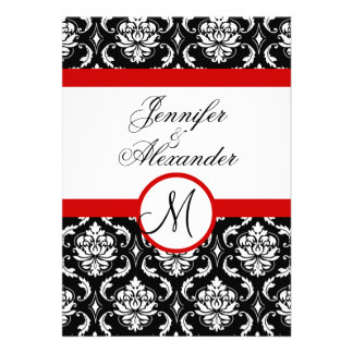 Wedding Monogram Red Damask Invitation Front View