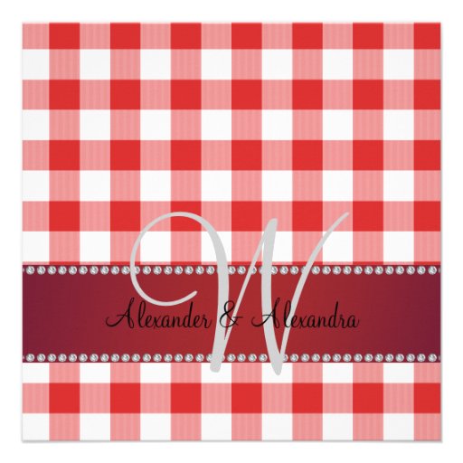 Wedding monogram red gingham checkers invites