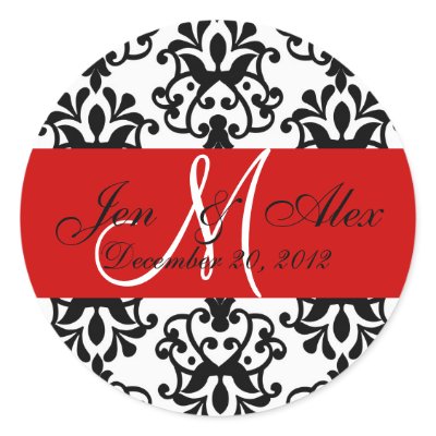 Wedding Monogram Save Date Damask Red Seal Round Sticker