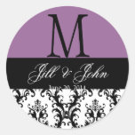 Wedding Monogram Save Date Damask Seal Purple Round Stickers