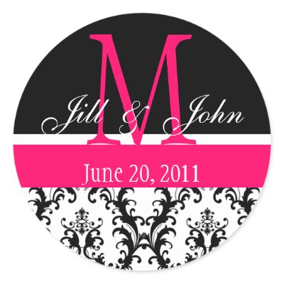 Wedding Monogram Save the Date Damask Hot Pink Sticker