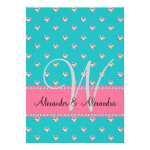 Wedding monogram turquoise diamonds hearts personalized announcement
