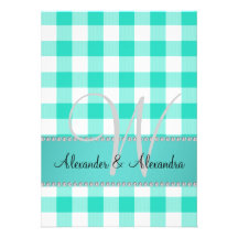 Wedding monogram turquoise gingham checkers personalized announcement
